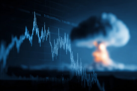 Volatile stock market due to war. Financial chart declining with an atomic mushroom cloud in the background symbolizing economic crisis