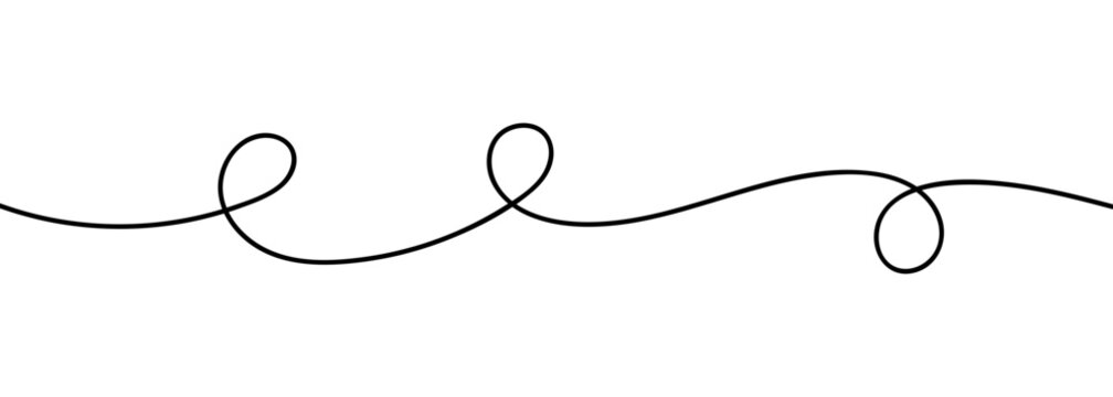 Continuous black squiggle line cable creating abstract wavy vector illustration pattern on white background. Curvy cable thread flowing horizontally with organic squiggle line loops and tangled curve.