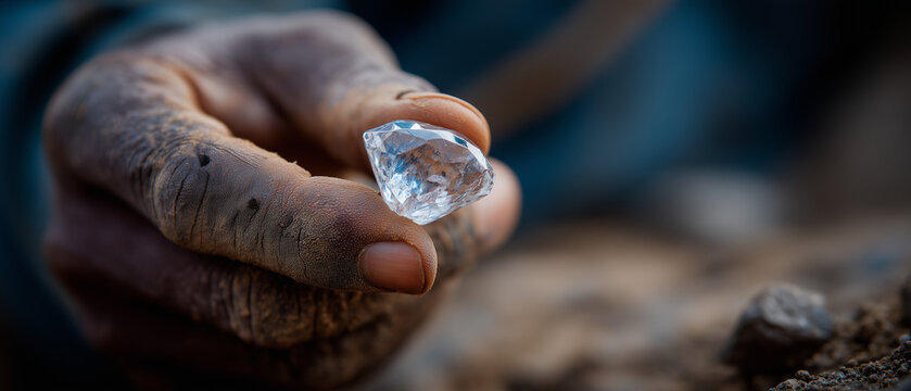 Close up of an African hand holding a semi rough diamond Ethical diamond mining .