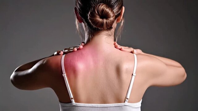 Woman with red sore spot on upper back.