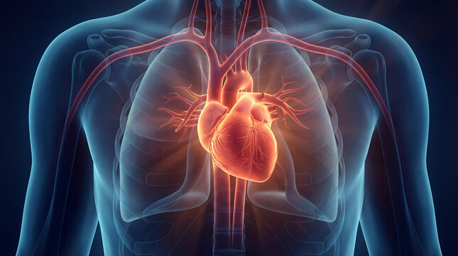 Striking 3D illustration of the human heart, glowing vividly within a translucent torso, detailing the vital circulatory system and intricate anatomy for medical study