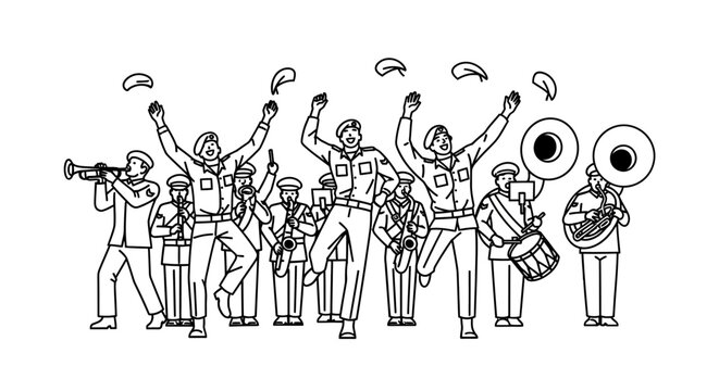 Military Band Marching with Joyful Musicians Jumping and Playing Instruments