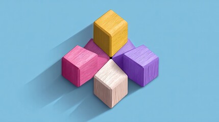 Obraz premium Arrangement of Textured Cubes in Yellow Pink Purple and White on a Blue Background with Long Shadows Geometric Composition