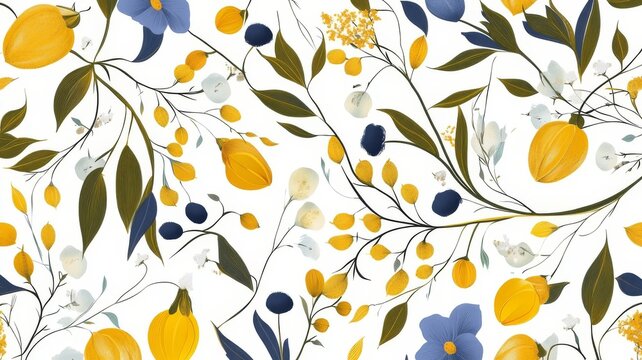 Beautiful yellow and blue floral seam pattern design for textiles and wallpaper, vibrant yellow and blue flowers arranged in an artistic seam pattern.