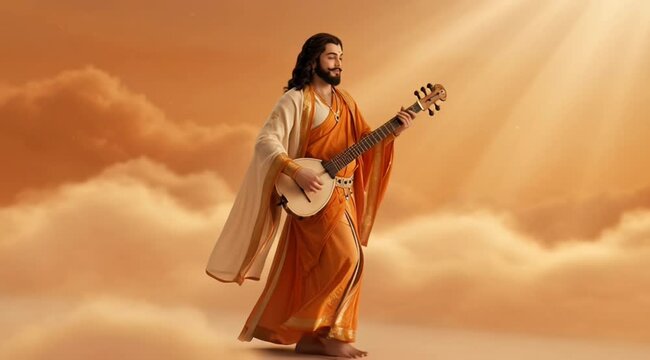 Devotional Representation of Narada Jayanti with Mythological Character Playing Musical Instrument Against Cloudy Sky