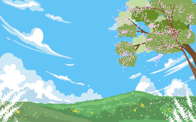 Naklejka premium Spring landscape.Cherry tree blossom,Blue sky,Green meadow on hill.Summer nature flower blooming tree branches,grass field.Vector anime cartoon illustration Seasonal ,Travel design,Nature background