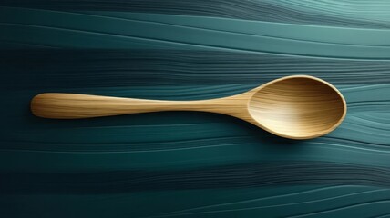 Close up view of a rustic wooden spoon resting on a vibrant solid blue background surface.