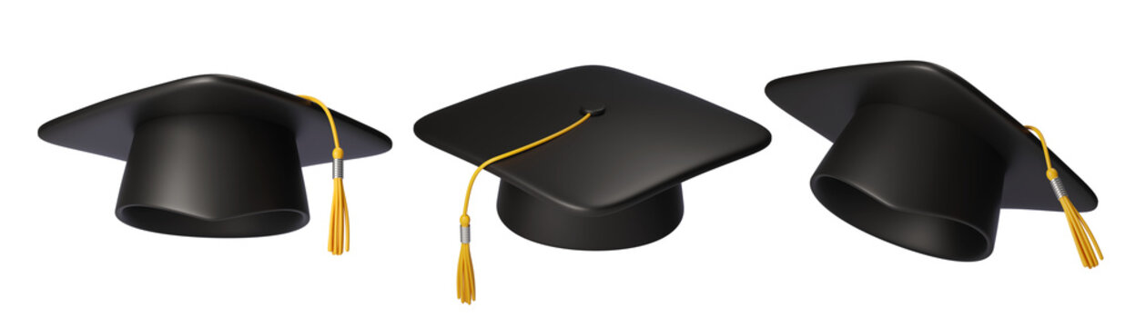 Set of Black Graduation cap or hat with golden Tassel isolated on the background, 3D render. Education and academic achievement concept for school, college, and university design.
