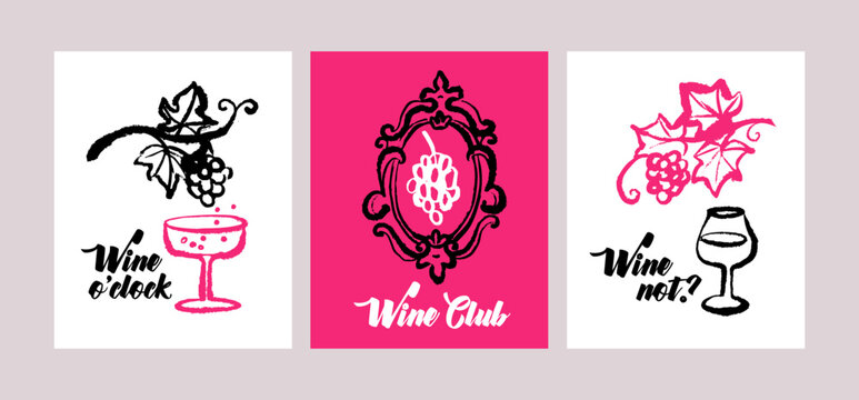 Hand drawn whimsical wine poster set. Vector sketch line art doodle illustration. Mediterranean food and drink banners