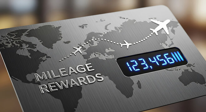 Rewards card with mileage points displayed on a world map background with airplanes