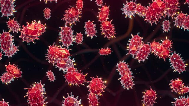 Bacterial Cell Microorganisms &ndash; 3D Low Poly Animation Loop. Medical research of microbiome stem cells or gut bacteria. Microbiology and healthcare technology animated concept on a red background.