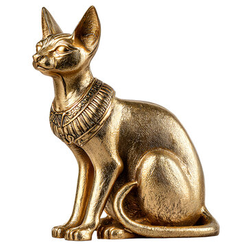 Ancient Egyptian cat statue in golden finish, Bastet goddess figurine with ornate collar detail, majestic gold feline sculpture for interior decor