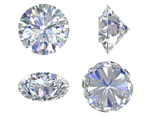 Fototapeta premium Round Brilliant Diamond — Multi-View 3D Render, Clean, isolated views of a round brilliant diamond—top, side, pavilion, and hearts-and-arrows—ideal for jewelry design and mockups.