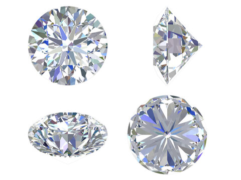 Round Brilliant Diamond &mdash; Multi-View 3D Render, Clean, isolated views of a round brilliant diamond&mdash;top, side, pavilion, and hearts-and-arrows&mdash;ideal for jewelry design and mockups.