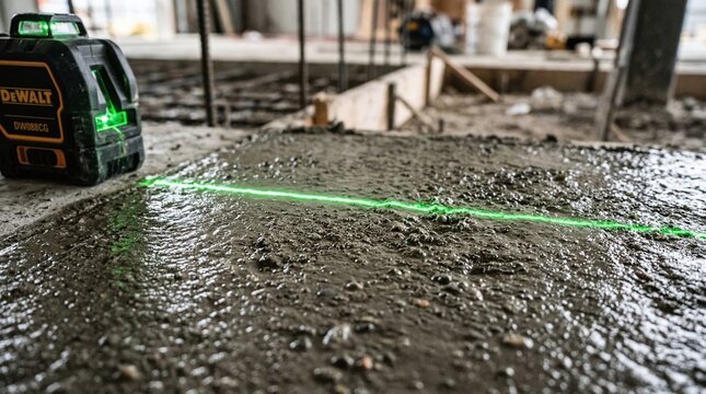Green Laser Line on Freshly Poured Concrete Floor