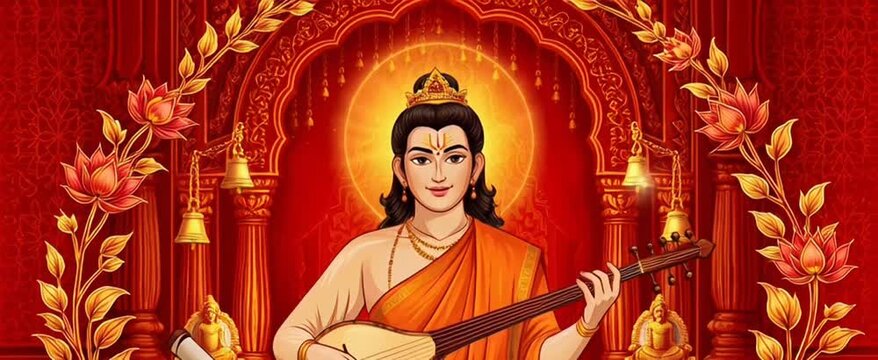 Digital Illustration of Narada Muni Celebrating Jayanti with Traditional Attire and Musical Instrument in a Divine Setting