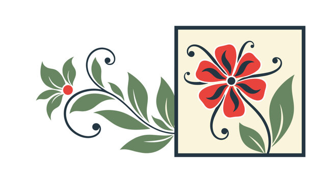 Stylized red flower with black accents and green leaves partially enclosed in a black square frame for decorative floral pattern design.