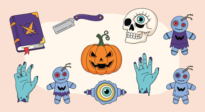 Varied collection of spooky Halloween stickers featuring a spellbook, pumpkin, voodoo dolls, severed hands, a skull, and a razor blade.