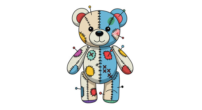 Handcrafted style voodoo teddy bear made of colorful patchwork fabric with visible stitches and sewing pins stuck into its soft body.