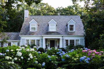 A charming, shingle-style house is framed by vibrant hydrangea bushes.