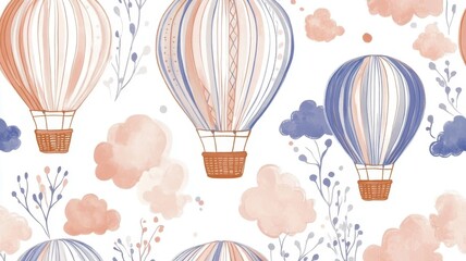Naklejka premium Vibrant watercolor hot air balloon seamless pattern perfect for fabric and wallpaper designs.