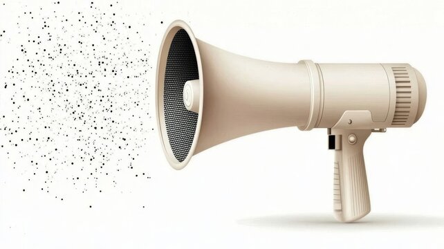 White megaphone amplifying sound waves broadcasting voice for public announcements and communication.