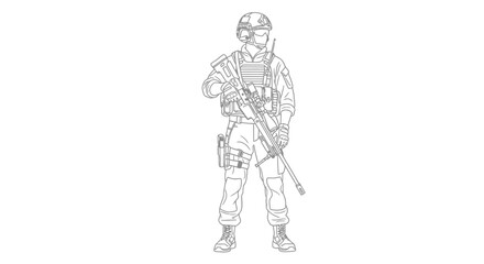 Obraz premium Soldier with Rifle, Tactical Gear, Military Helmet, and Vest - Line Art Illustration