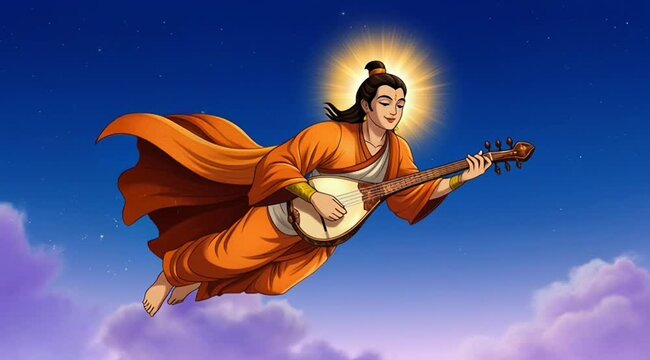 Illustration of Lord Narada Flying with a Halo Playing a Musical Instrument for Narada Jayanti Celebration