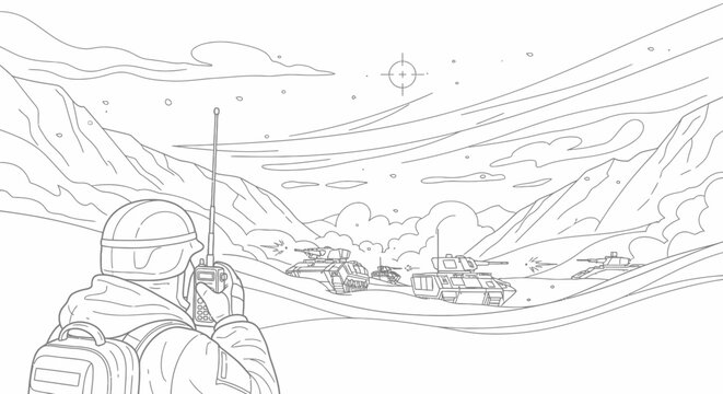 Soldier with radio in mountain landscape, military outpost, communication, exploration