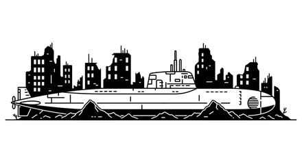 Naklejka premium Submarine Silhouette Against Ruined Cityscape and Mountains