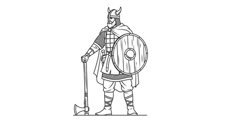 Viking Warrior with Axe and Shield, Outline Illustration