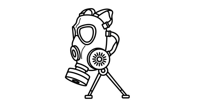 Vintage Gas Mask on Tripod Stand, Retro Protective Respirator, Outline Drawing