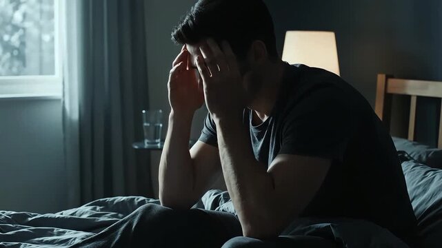 Man sitting on bed with hands on face.