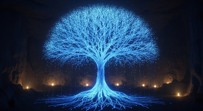 Radiant Blue Tree of Life Illuminating a Dark, Enchanted Cavern, Symbolizing Growth, Connection, and Spiritual Energy and Wisdom