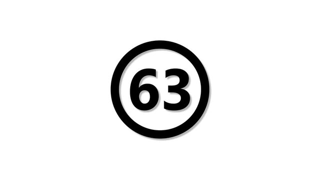 Close-up of a black and white number 63 in a circular black frame bold typography number isolated on a white background