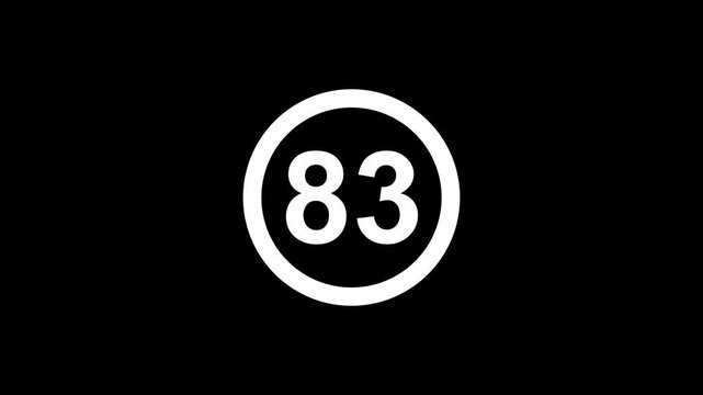 Minimalist black and white countdown animation with bold number 83 in a circular frame for dynamic presentations events and timers