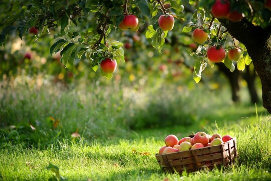 Small village orchard with apple trees and a basket of ripe fruits resting on the green grass in early autumn