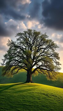 A single ancient oak tree stands on a rolling green hill under a dramatic sky,  vastness,  majestic