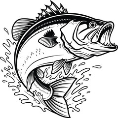 Fototapeta premium Bold black and white illustration of a bass fish mid-jump with energetic water splashes, perfect for angling themes, fish jumping, water splash, fishing theme