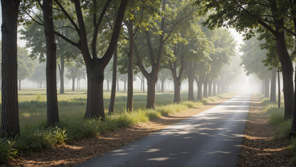 Obraz premium Tranquil tree-lined avenue bathed in soft morning mist