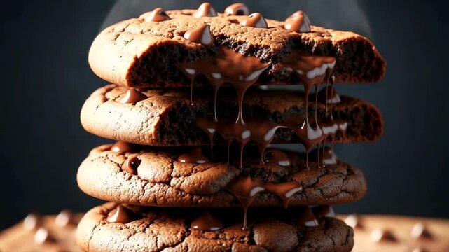 Delicious stacked chocolate cookies with melting chips