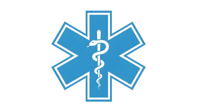The blue emergency medical services symbol featuring the Rod of Asclepius on a white background