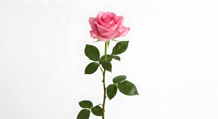 Obraz premium Pink rose flower with green leaves isolated on white background