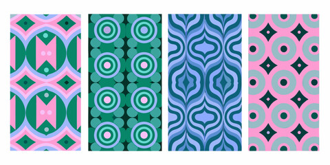 Four retro patterned panels in shades of pink green and blue