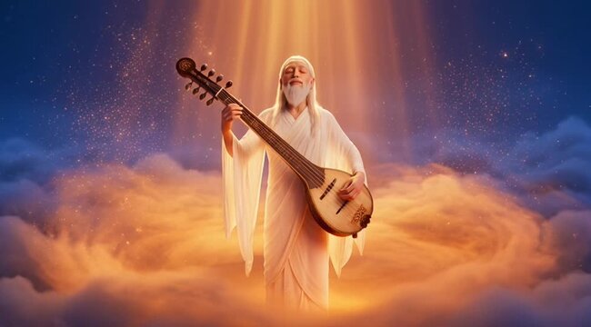 Spiritual depiction of Narada Jayanti celebration featuring a divine sage playing Veena amidst celestial clouds and radiant light