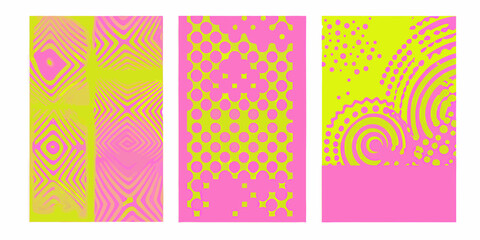 Fototapeta premium Three vibrant panels display abstract pink and yellow geometric patterns