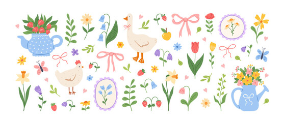Obraz premium Cute spring illustrations and cottage aesthetics elements.Hand drawn garden and field flowers, bow, goose, teapot, chicken, strawberry, watering can. Spring summer floral stickers.Vector illustration.