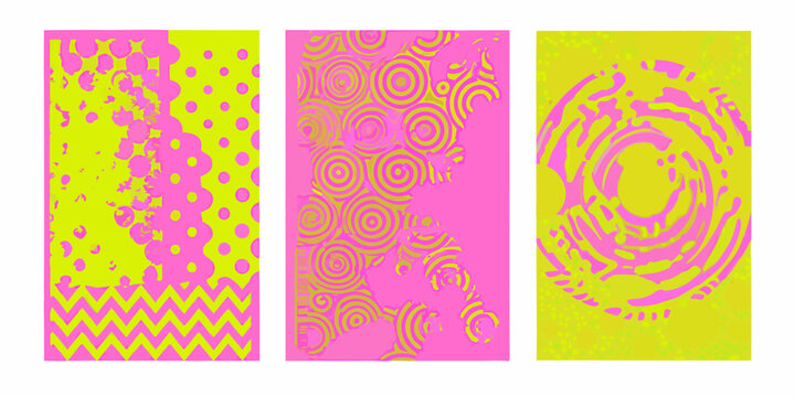 Three abstract panels featuring vibrant yellow and pink patterns