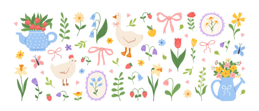 Cute spring illustrations and cottage aesthetics elements.Hand drawn garden and field flowers, bow, goose, teapot, chicken, strawberry, watering can. Spring summer floral stickers.Vector illustration.