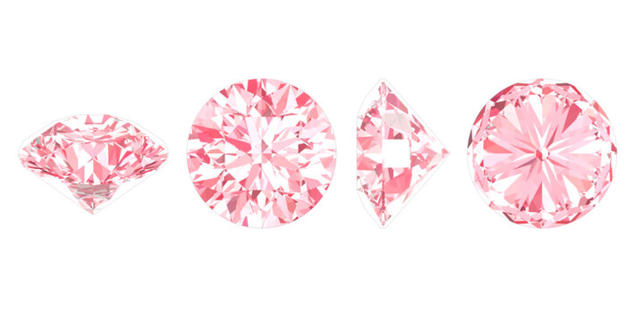 Brilliant Cut Pink Diamond Multi-Angle Set, A brilliant pink diamond from four angles on a white background. Ideal for luxury, romance, and jewelry design projects.